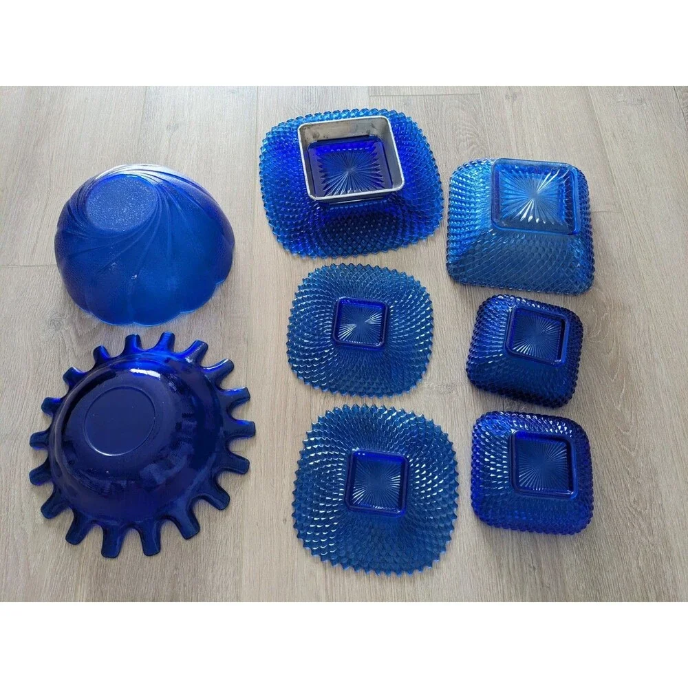Vtg Cobalt Blue Diamond Point Hobnail Sawtooth Scallop Glass Bowl Platter Plate